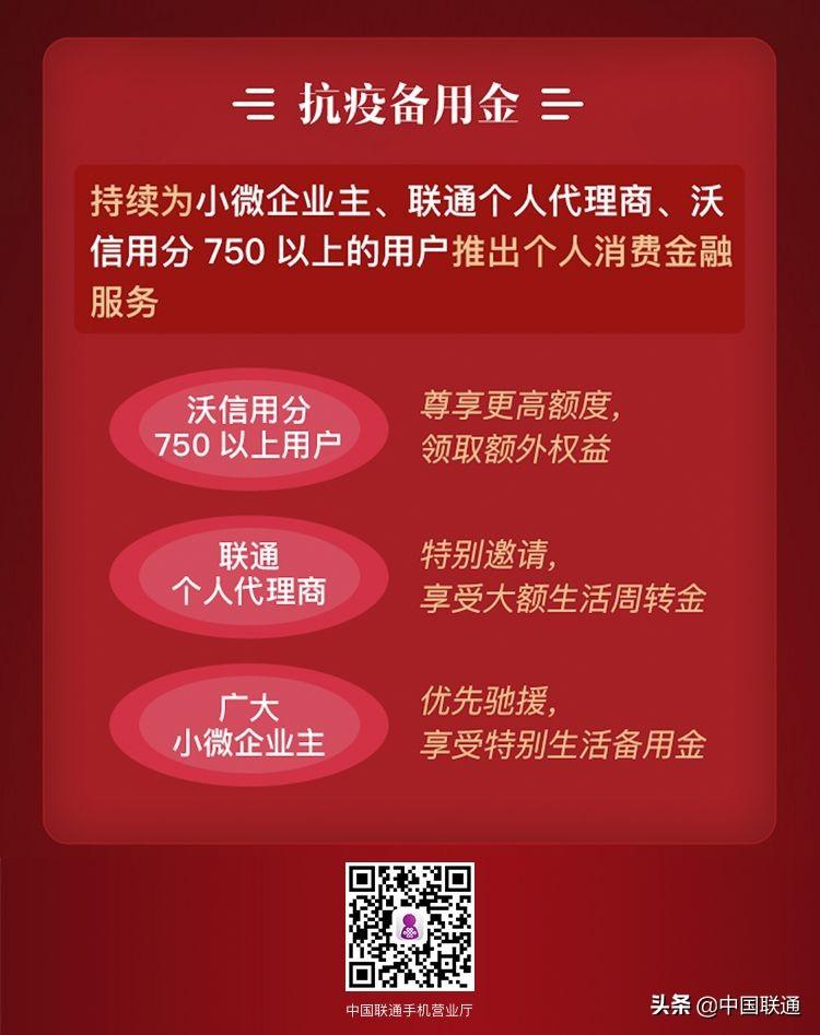 (沃信用分招联额度)中国联通启动“抗疫备用金” 沃信用分750即可优享高额权益  第2张 (沃信用分招联额度)中国联通启动“抗疫备用金” 沃信用分750即可优享高额权益  第2张