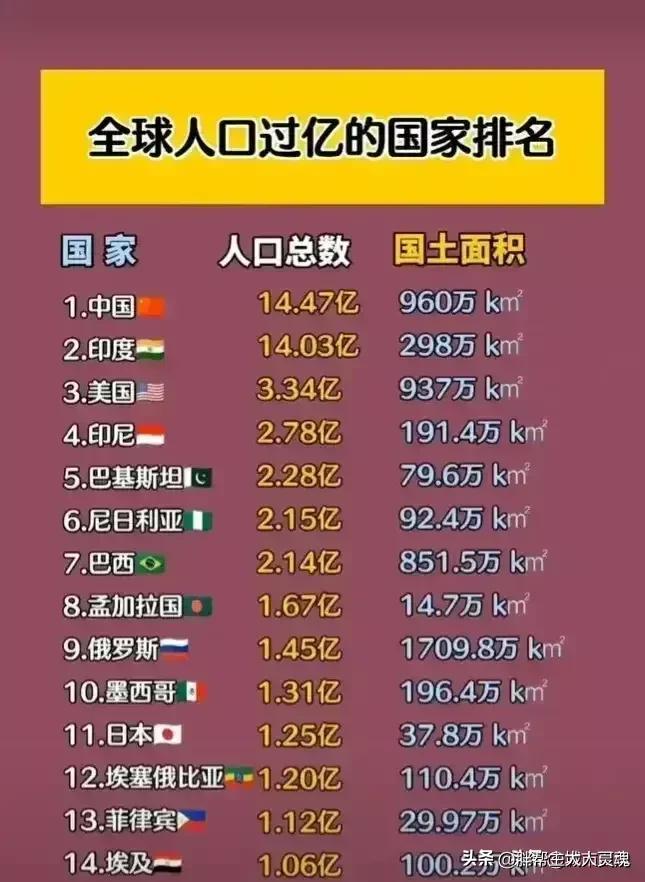 (人口排名前十的国家)人口总数过亿国家排名  第1张