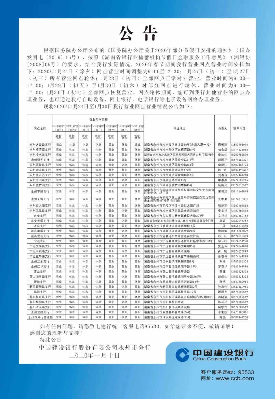 (建设银行营业时间)中国建设银行永州市分行营业网点2020年春节期间营业时间公告  第1张