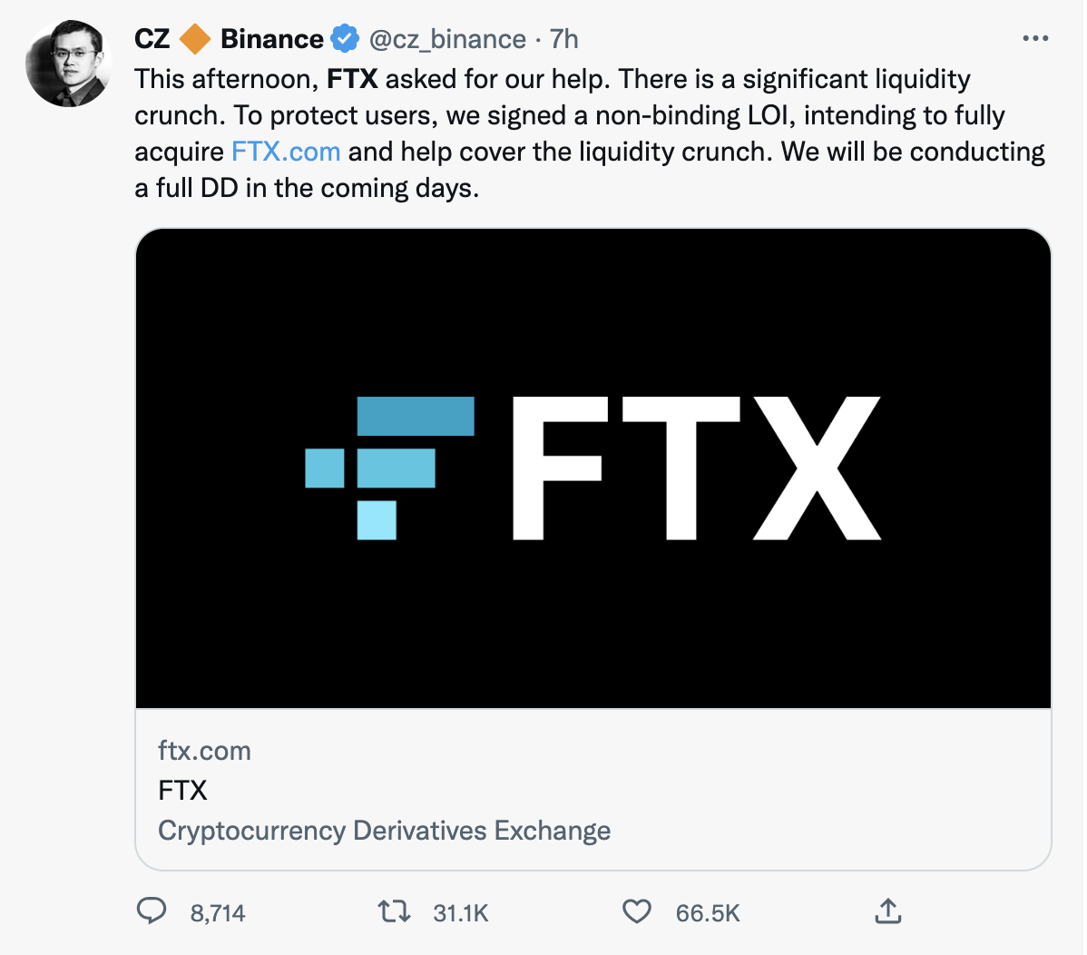 币安创始人宣布收购竞争对手FTX，加密货币市场应声暴跌(币安创始人)  第1张