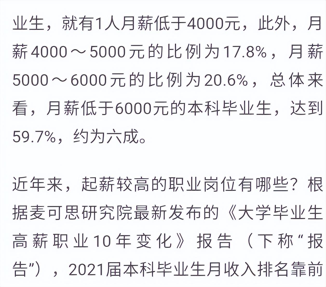(岗位工资)近6成本科生起薪低于6000元，低于4000元占21.3%，3大工资高岗位  第6张
